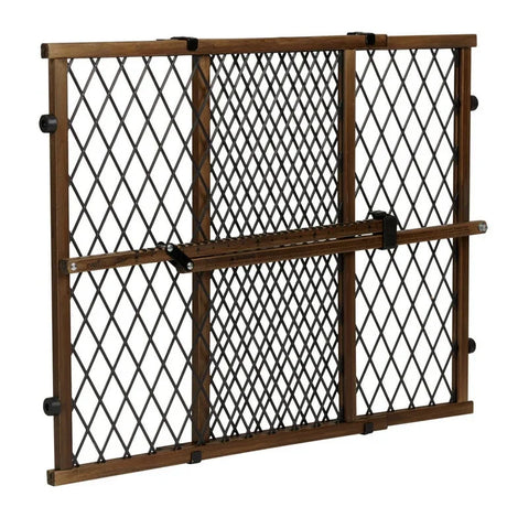Front view of Evenflo doorway gate with farmhouse finish and center Position and Lock bar