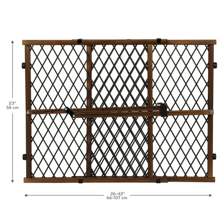 Front view of Evenflo doorway gate showing adjustable 26 to 42 inch width and 23 inch height, farmhouse finish on white