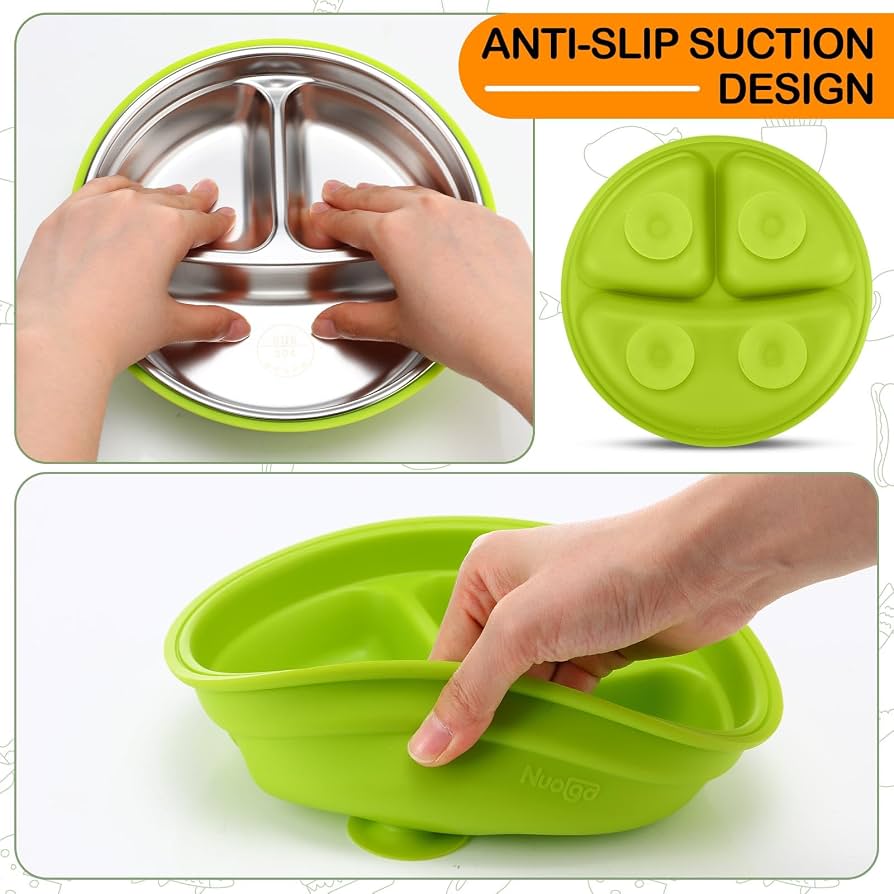 NEW Nuogu Stainless Steel Baby Suction Plate with Silicone Shell, Green