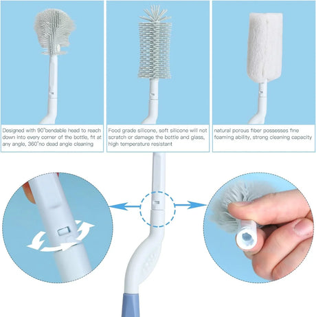 Bottle brush with silicone bristle, round silicone, and sponge heads and 90 degree bendable handle on light blue background