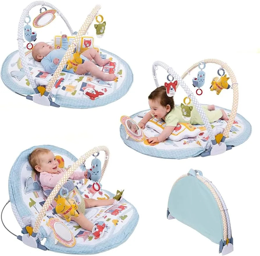 Multiple views of Yookidoo 3-in-1 Urban Gymotion Lay to Sit-Up Play Mat with arches, hanging toys, and foldable design
