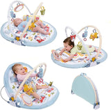 Multiple views of Yookidoo 3-in-1 Urban Gymotion Lay to Sit-Up Play Mat with arches, hanging toys, and foldable design