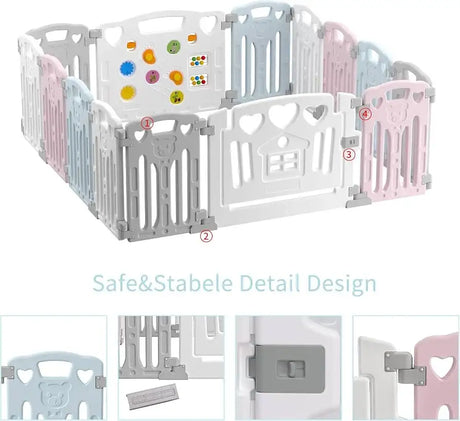 Angled view of Gupamiga 14 panel playpen activity center showcasing safe and stable detail design with pastel panels
