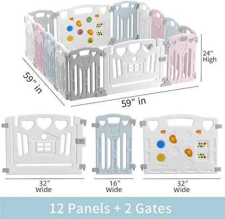 Angled view of Gupamiga 14-panel playpen activity center showing 59 by 59 by 24 inch dimensions and 12 panels plus 2 gates