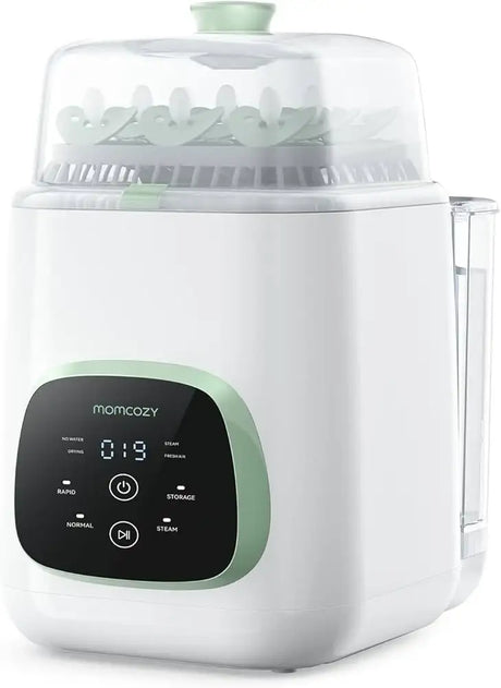 Front view of Momcozy KleanPal Pro baby bottle washer, sterilizer and dryer showcasing transparent lid and digital control panel