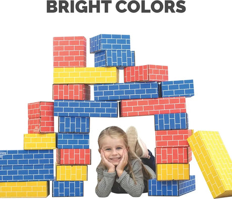 Front view of Bankers Box Heavy Duty Jumbo Cardboard Building Blocks 74ct in bright colors with brick patterns on white