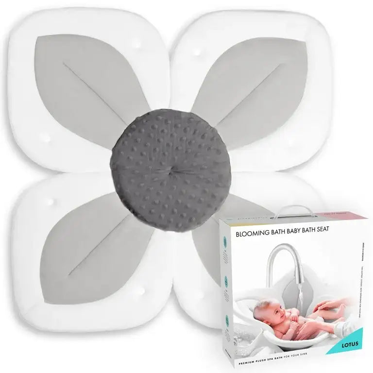 Blooming Bath Lotus baby bath seat in white and grey with product packaging