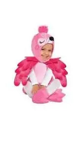 Front view of pink 3-piece flamingo costume showcasing feathered wings and hood on a white background