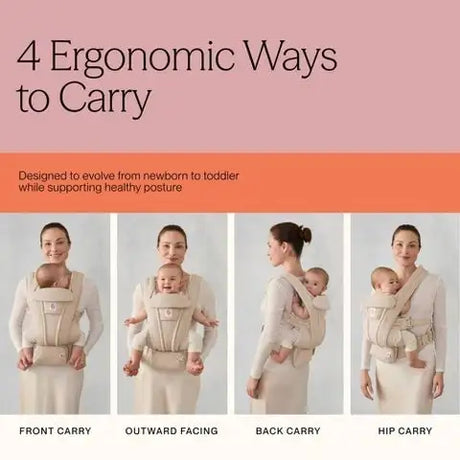 Four ergonomic ways to carry: front, outward-facing, back, and hip, designed for newborns to toddlers