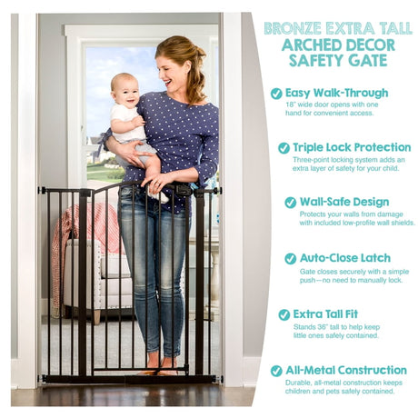 Feature infographic showing a bronze extra tall arched safety gate and six child safety features