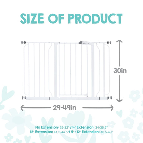 Size infographic showing a white safety gate 30 inches high and adjustable from 29 to 49 inches wide with extensions