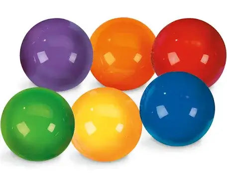 Front view of Lakeshore 6-inch activity balls showcasing five colorful balls with a white background