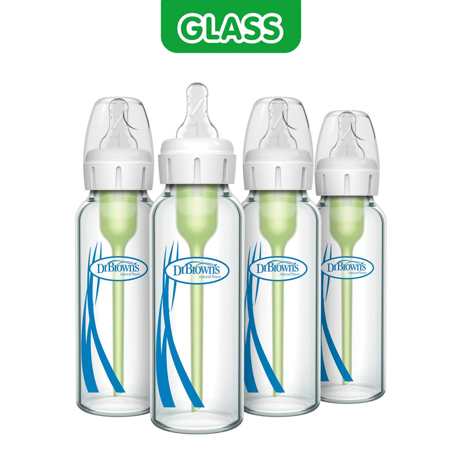 NEW Dr. Brown's Anti-Colic Options+ Narrow Glass Baby Bottles with Level 1 Slow Flow Nipple 4pk 8oz