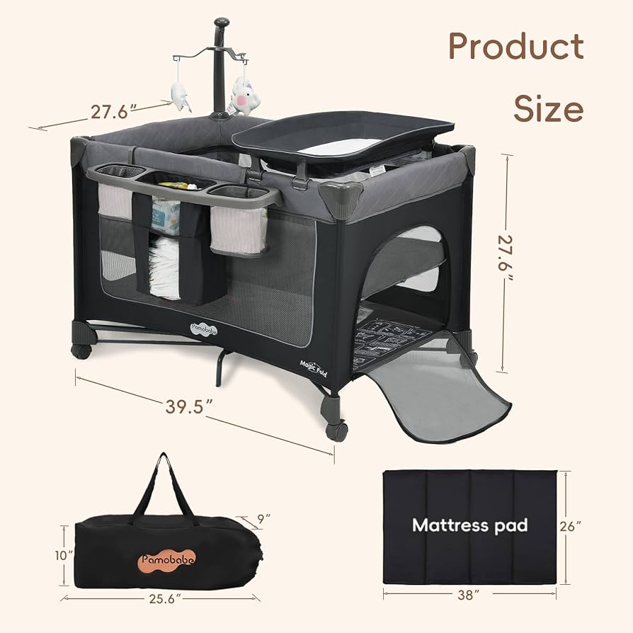 NEW Pamo Babe Magic Fold Just Right Playard with Bassinet & Changer, Grey