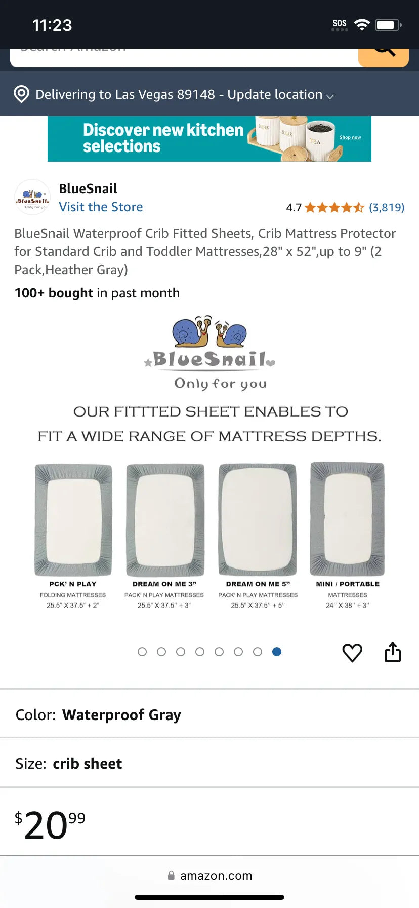 2Pk BlueSnail Waterproof Crib Fitted Sheets, Grey