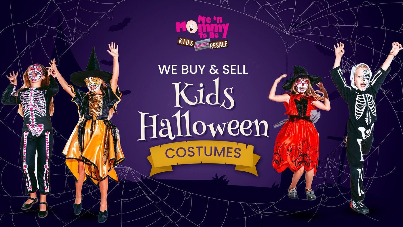Advertisement for a kids' Halloween costume resell business with children in costumes on a purple background.