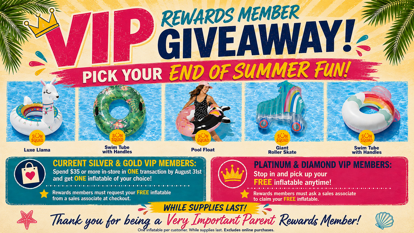 A promotional flyer for a VIP Rewards Member Giveaway, featuring a colorful summer pool party theme with palm trees, a crown, and text inviting customers to pick their end of summer fun. It showcases four inflatable pool toys: a Luxe Llama, a Swim Tube with Handles, a Pool Float, and a Giant Roller Shade, along with VIP membership plans.