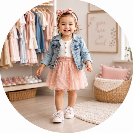 A toddler girl wearing a light blue denim jacket, a pink tulle skirt, and white sneakers, standing in a cozy, decorated children's boutique room.