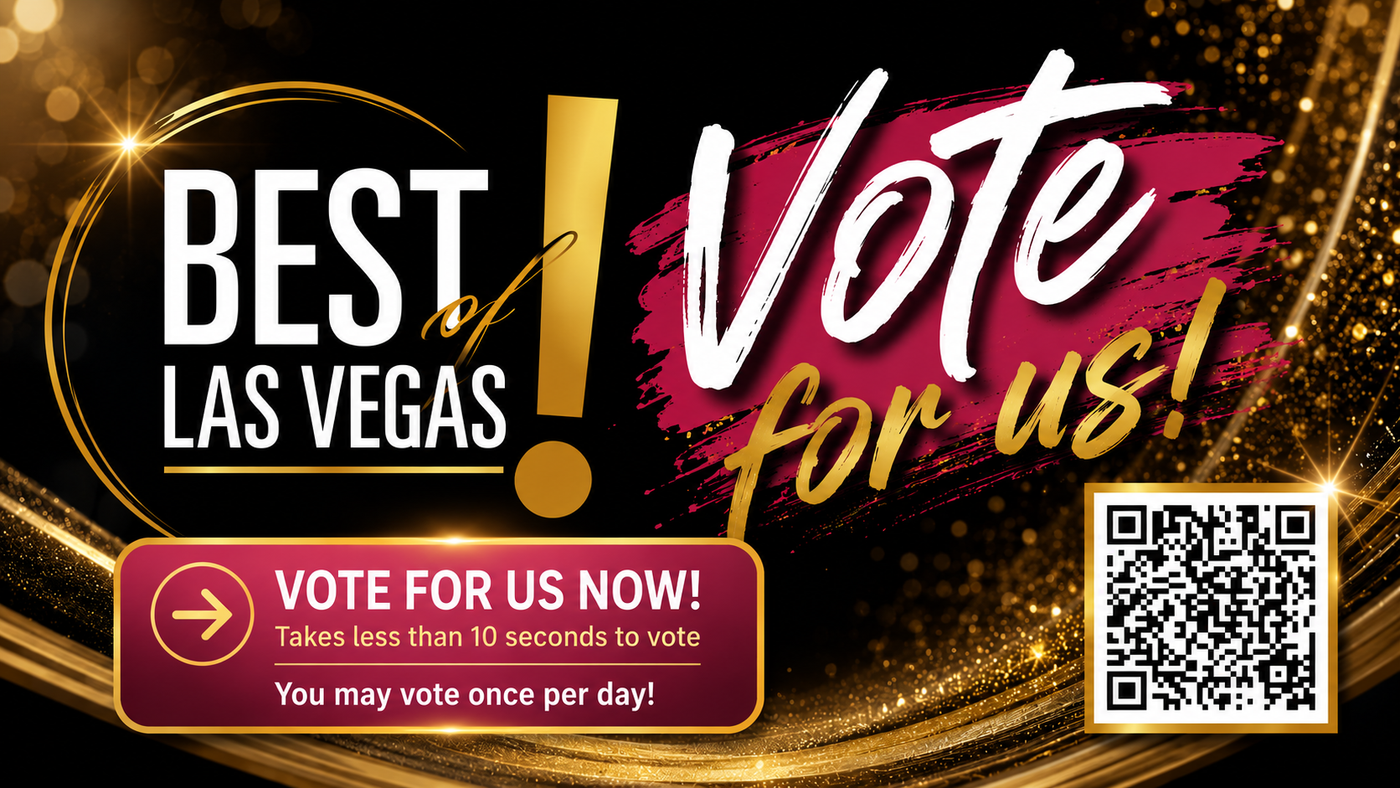 Promotional graphic for 'Best of Las Vegas Vote for Us!' with bold white and gold typography over a black and gold glitter background, a magenta callout box, and a QR code.