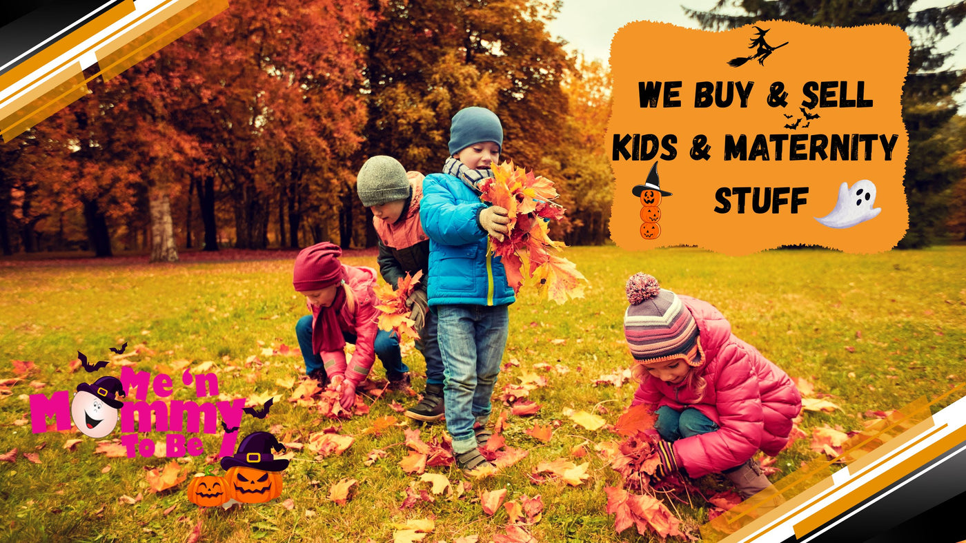 Kids playing with Fall leaves in clothing they bought from a resale store 