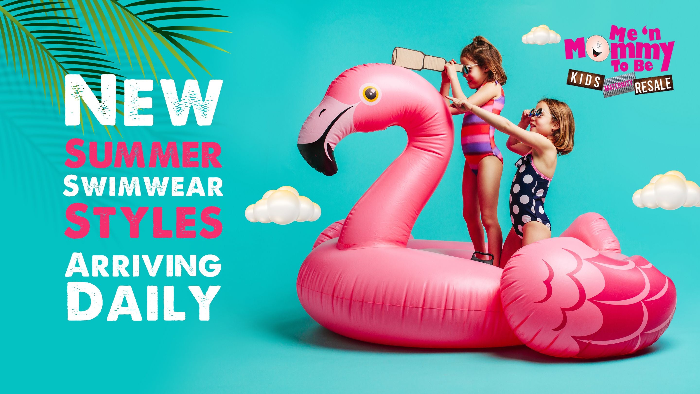 Kids in swimsuits, riding inflatable in the pool with new summer styles purchased cheap at Me and Mommy To Be