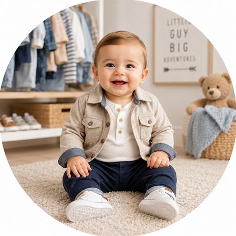 A smiling toddler boy sitting on a beige carpet in a nursery, wearing a light beige corduroy jacket over a cream henley shirt, navy pants, and white sneakers. A teddy bear and a clothing rack are visible in the softly lit background.