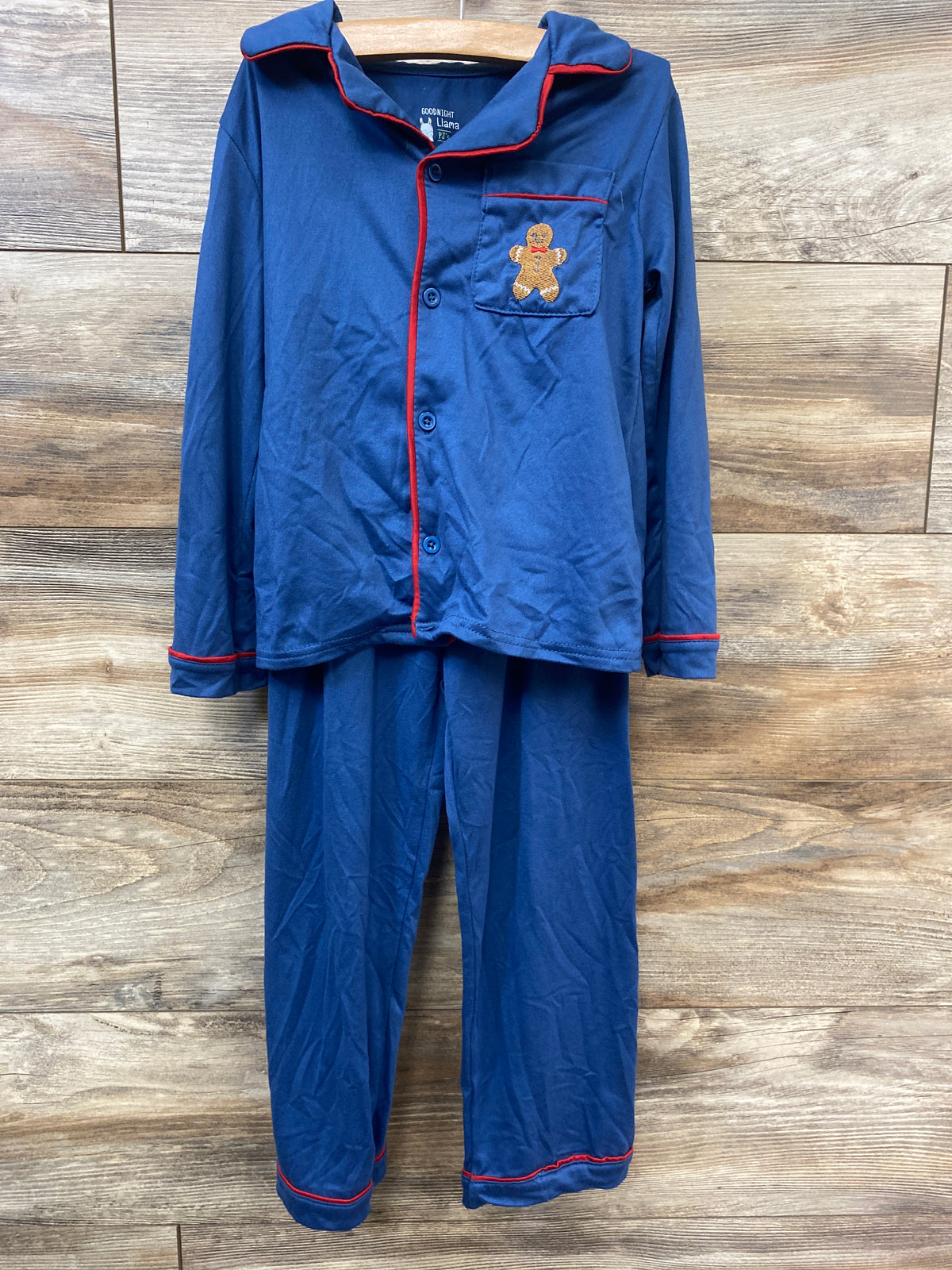 Goodnight Llama 2pc Gingerbread Man Coat-Style Pajama Set Blue sz 5T