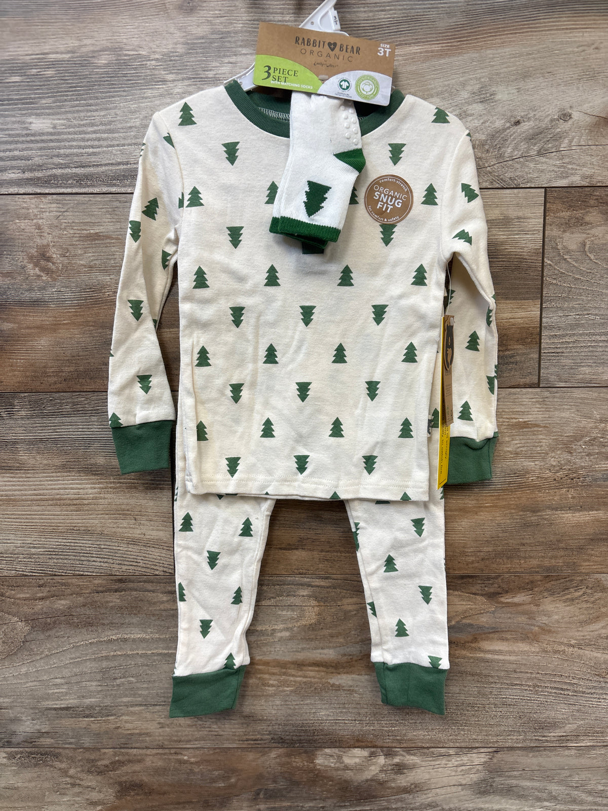 NEW Rabbit + Bear Organic 3pc Christmas Tree Pajama Set Ivory sz 3T