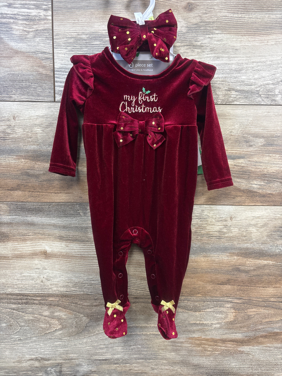 NEW Baby Starters 2pc My First Christmas Velvet Coverall & Headband Set Red sz 3m