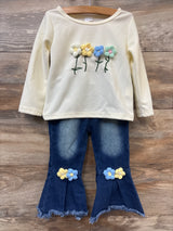YWIYIUD 2pc Floral Waffle Knit Sweatshirt & Bell Bottom Jeans Set Ivory sz 18-24m