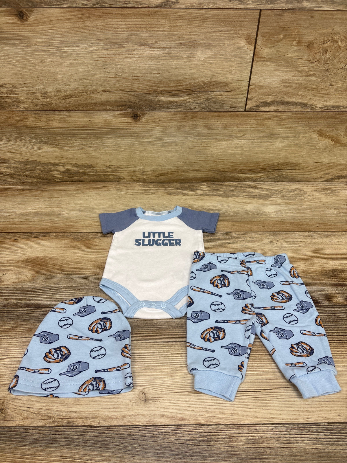 Baby Essentials 4pc Little Slugger Bodysuit, Pants, & Hat Set White sz 3m