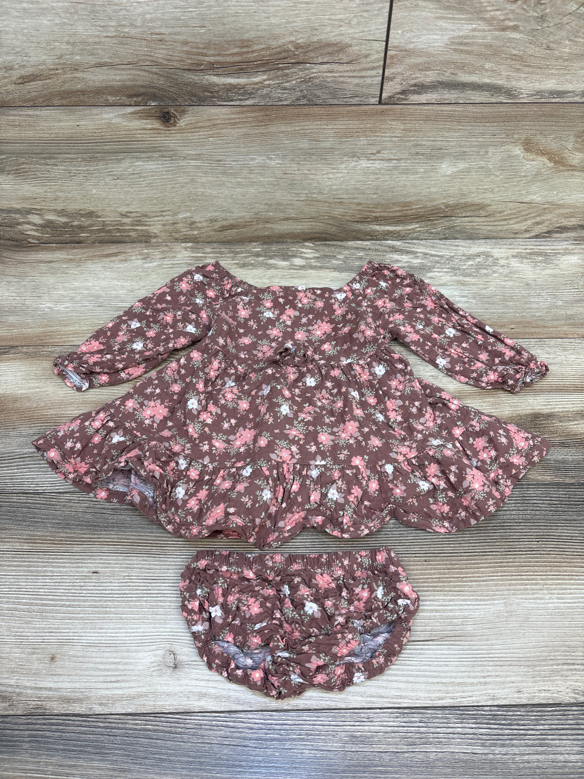 Little Lass 2pc Floral Gauze Long Sleeve Dress & Bloomers Brown sz 12m
