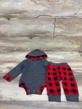 2pc Plaid-Lined Hooded Bodysuit & Pants Set Grey sz 3-6m