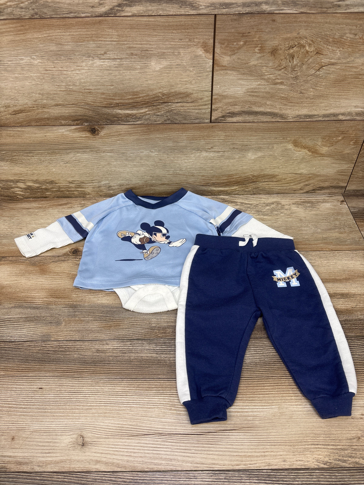 Disney Baby 2pc Mickey Mouse Layered Jersey Bodysuit & Joggers Set Blue sz 6/9m