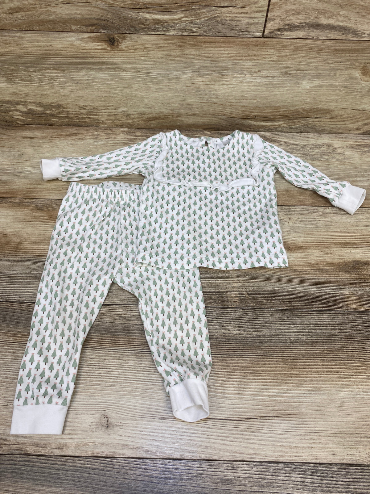 L+H Lila & Hayes 2pc Christmas Tree Ruffle Pajama Set White sz 12-18m