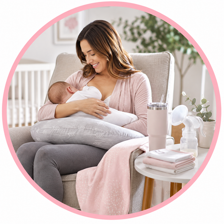 A woman in a light pink top and gray leggings sits in a beige armchair, nursing a baby wrapped in a white blanket on a light gray nursing pillow. A small side table beside her holds a pink travel bottle, a breast pump, folded pink towels, and a pink throw blanket.