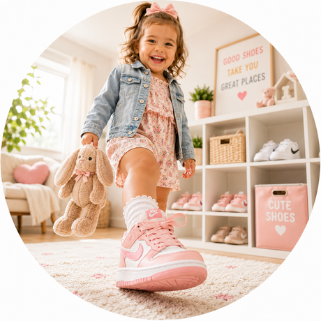 A young girl smiling and walking in a bright nursery while wearing pink and white Nike sneakers, a floral dress, a denim jacket, and holding a plush bunny toy. White Nike branding is visible on her shoes.