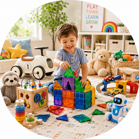 A young boy smiling and playing with colorful magnetic building blocks in a bright, cozy children's room. The scene includes a teddy bear, a toy car, a slloth, a stacking ring toy, and a small robot toy on a light-colored rug.