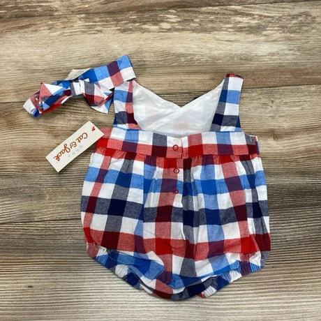 Front view of Cat & Jack blue plaid romper set, size 0-3 months, with snap closures and short sleeves on white background