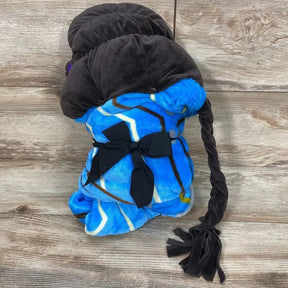 Front view of Marvel Black Panther Shuri hooded blanket folded to show plush blue pattern, black hood with braid, on wood floor