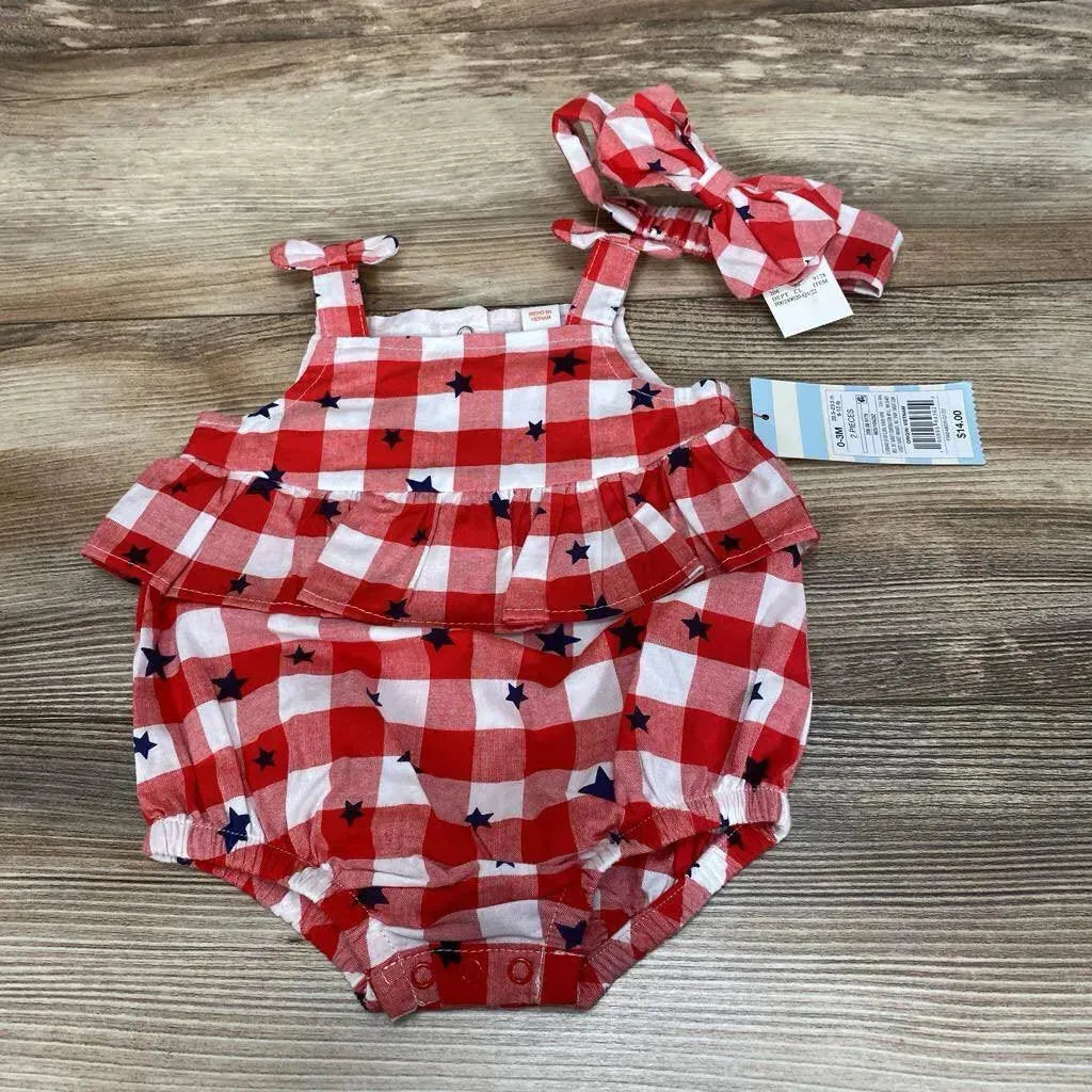 NEW Cat & Jack 2pc Gingham Stars Romper & Headband sz 0-3m - Me 'n Mommy To Be