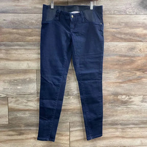 Front view of Isabel maternity side-panel jeggings in navy showing stretch side panel and button waist, slim fit on wood floor