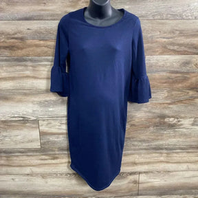Front view of Pink Blush maternity dress in navy with three-quarter bell sleeves and round neckline on dress form