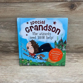 Front view of Special Grandson Magical Name Storybook hardcover showing wizard boy on broomstick with coloring pages sticker on wood plank floor