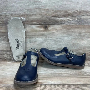 Front and side view of navy Footmates Sherry Mary Jane toddler shoes size 1Y showing T-strap buckle and beige sole on wood