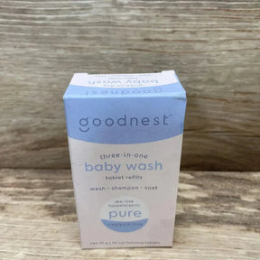 Front view of NEW Goodnest 3-in-1 Wash Shampoo and Soak Tablet Refills showcasing blue and white baby wash box labeled tear-free hypoallergenic on wood plank floor