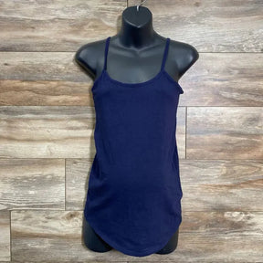 Front view of navy maternity tank top with spaghetti straps and rounded hem on mannequin over wood background
