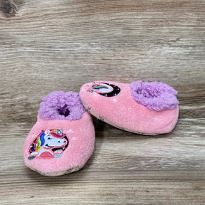 Front and side view of pink Snoozies Patch Pals slippers, size 5/6, showing unicorn patch and purple lining on wood background
