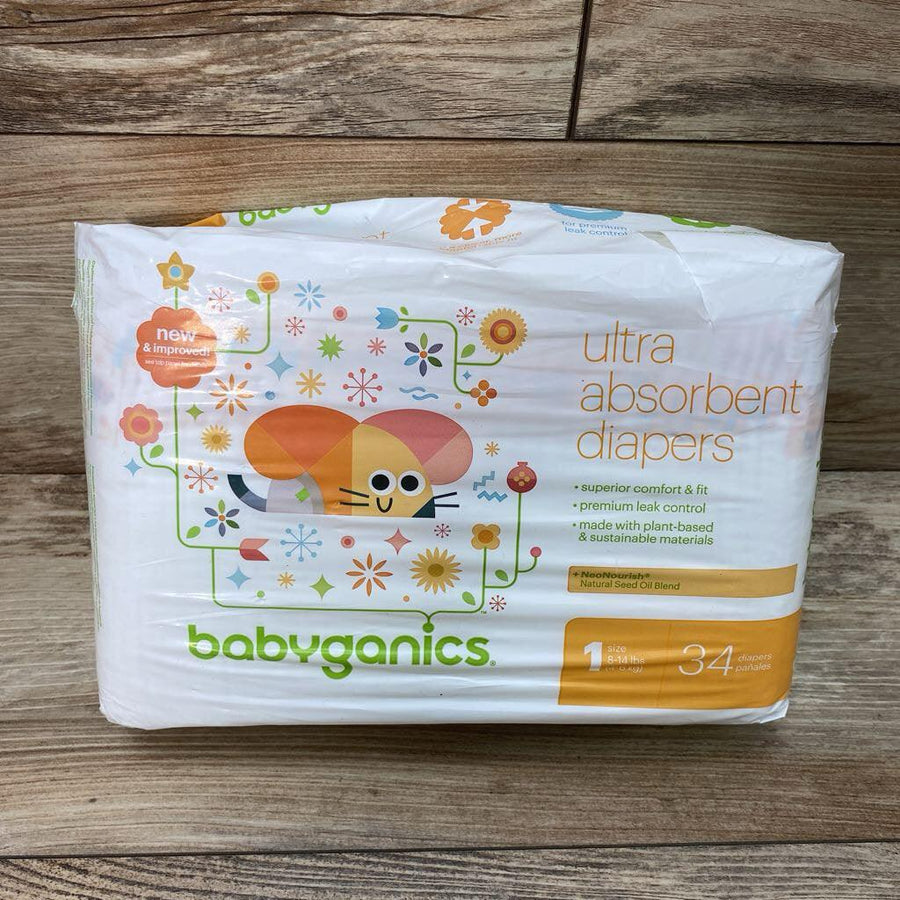 NEW Babyganics 34ct. Ultra Absorbent Diapers Size 1 - Me 'n Mommy To Be